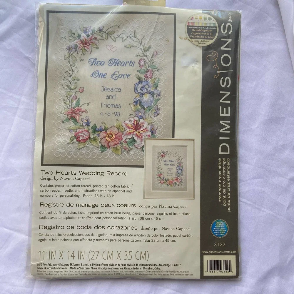Dimensions Stamped Cross Stitch Two Hearts Wedding Record One Love 3122
